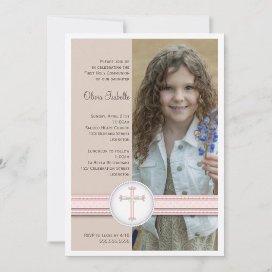 Rose fille | Invitation de la communion photo beig (Devant)