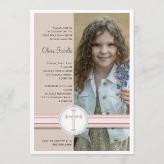 Rose fille | Invitation de la communion photo beig