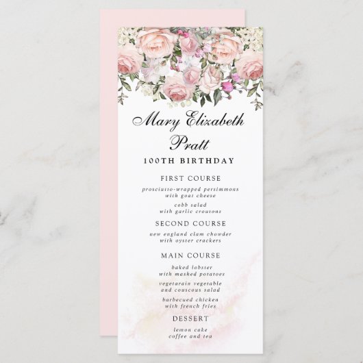 Rose Floral 100th Birthday Menu (Voorkant / Achterkant)