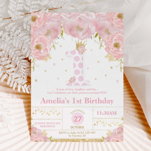 Rose Floral 1er Anniversaire Princesse Invitation 
