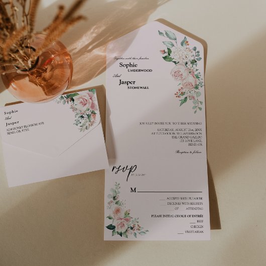 Rose Floral Blush Tout En Un Faire-part de mariage
