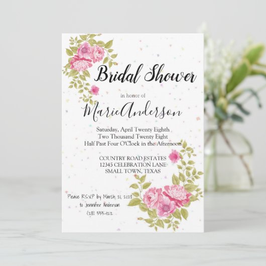 Rose Floral Confetti Douche Invitation (Debout devant)