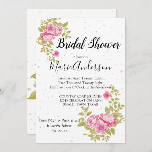 Rose Floral Confetti Douche Invitation (Devant / Derrière)