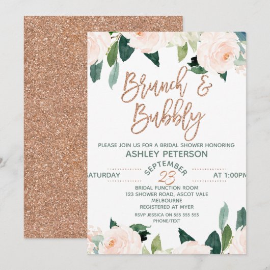 Rose Floral Gold Brunch Invitation de la mariée (Devant / Derrière)