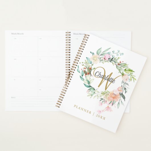 Rose Floral Gold Script Monogram 2023 Planner (Devant avec enveloppe)