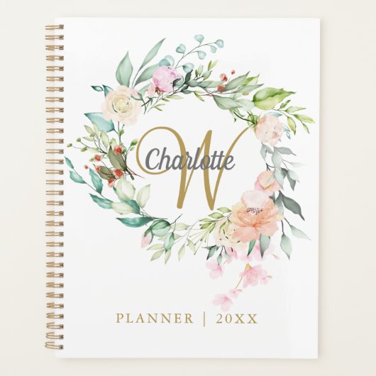 Rose Floral Gold Script Monogram 2023 Planner (Devant)