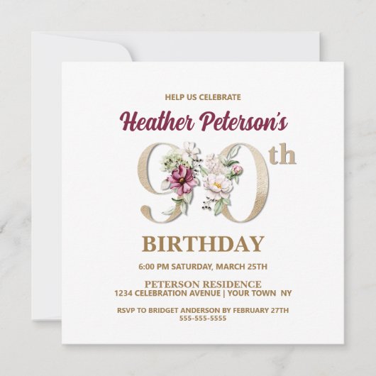 Rose Floral H 90th Birthday Party Invitation (Devant)