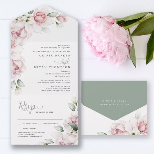 Rose floral | Invitation de mariage tout en un