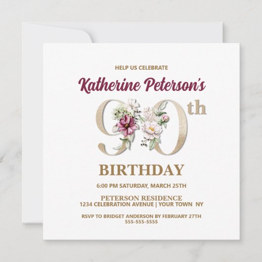 Rose Floral K 90th Birthday Party Invitation (Devant)