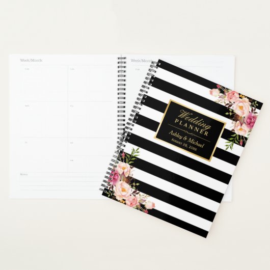 Rose Floral or noir blanc rayures Mariage (Devant avec enveloppe)