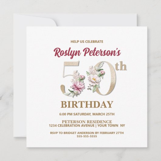 Rose Floral R 50th Birthday Party Invitation (Devant)