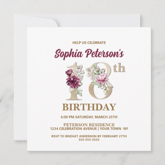 Rose Floral S 18e Anniversaire Fête Invitation (Devant)