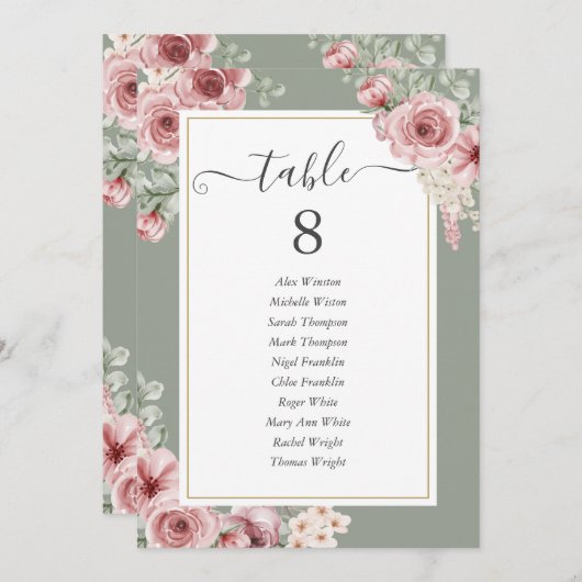 Rose Floral Sage Green Numéro de table (Devant / Derrière)