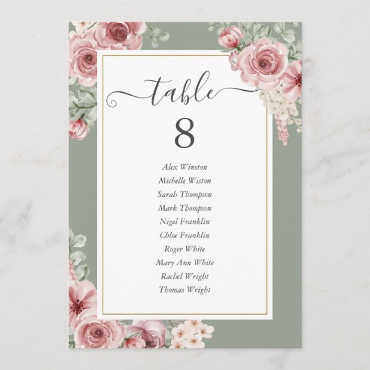 Rose Floral Sage Green Numéro de table (Devant)