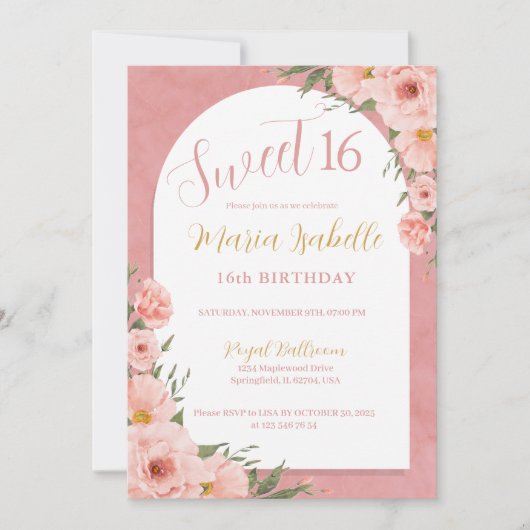 Rose Floral Sweet 16 Anniversaire Invitation (Devant)