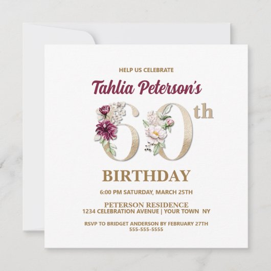 Rose Floral T 60e Anniversaire Fête Invitation (Devant)
