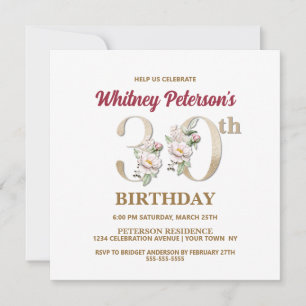 Rose Floral W 30th Birthday Party Invitation