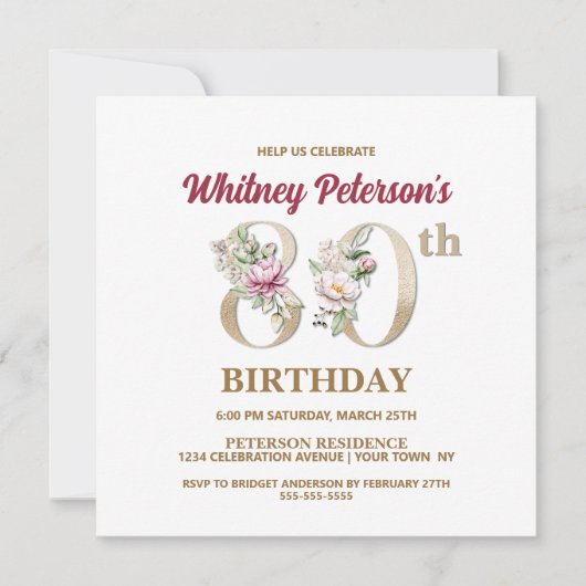 Rose Floral W 80th Birthday Party Invitation (Devant)