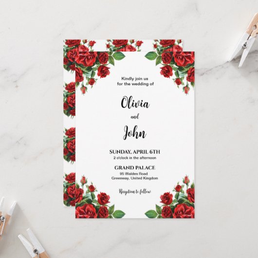 Rose Flower Wedding Invitation Template, Printable (Devant/Arrière en situation)