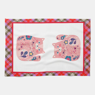 Rose Folk Art Kitty Serviette de cuisine