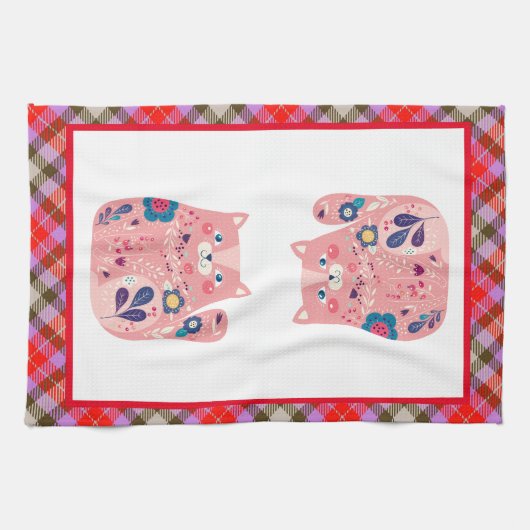 Rose Folk Art Kitty Serviette de cuisine (Horizontal)