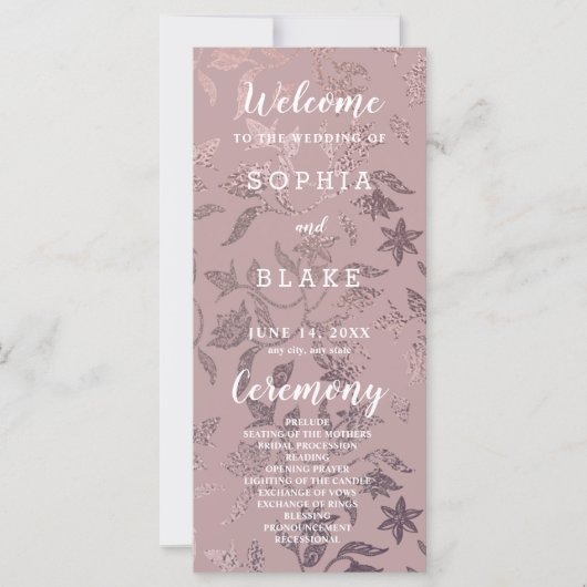 Rose foncé Gold et Floral Wedding Programme (Devant)