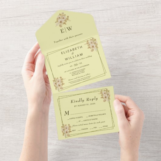 Rose Frame – Monogram Celestial Yellow Wedding All In One Uitnodiging (Afscheurbaar)