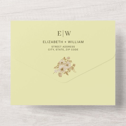 Rose Frame – Monogram Celestial Yellow Wedding All In One Uitnodiging (Achterkant)