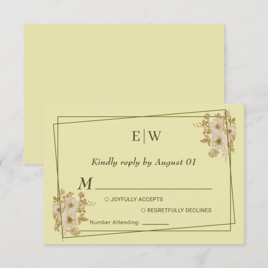 Rose Frame – Monogram Celestial Yellow Wedding RSVP Kaartje (Voorkant / Achterkant)