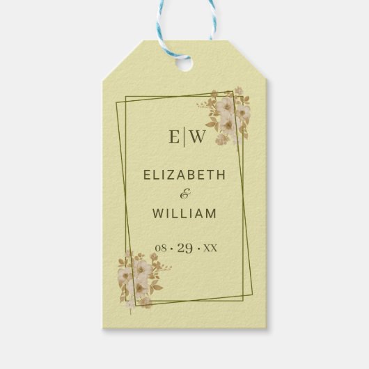 Rose Frame – Monogram Himmelsgeel Bruiloft Cadeaulabel (Voorkant)