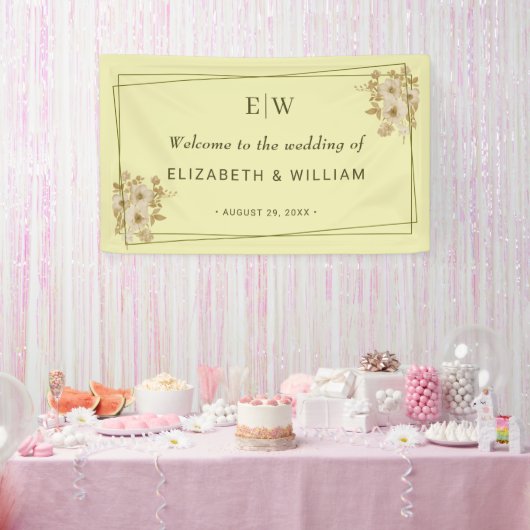 Rose Frame – Monogram Himmelsgeel Bruiloft Spandoek (Feest)