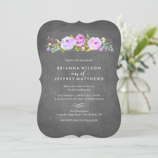 Rose Garden Floral Chalkboard Faire-part de mariag (Debout devant)