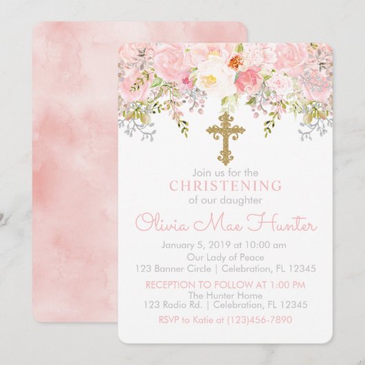 Rose Garden Girl Christening Invitation (Devant / Derrière)