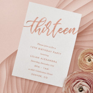 Rose Gold 13e anniversaire Invitation Faux Foil