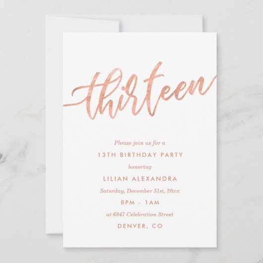 Rose Gold 13e anniversaire Invitation | Faux Foil (Devant)