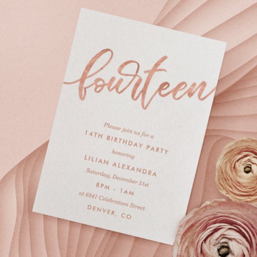 Rose Gold 14e anniversaire Invitation | Faux Foil