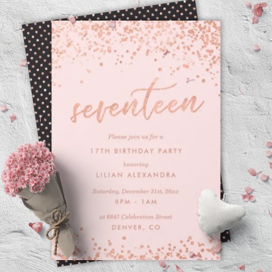 Rose Gold 17th Birthday Invitation | Faux Foil