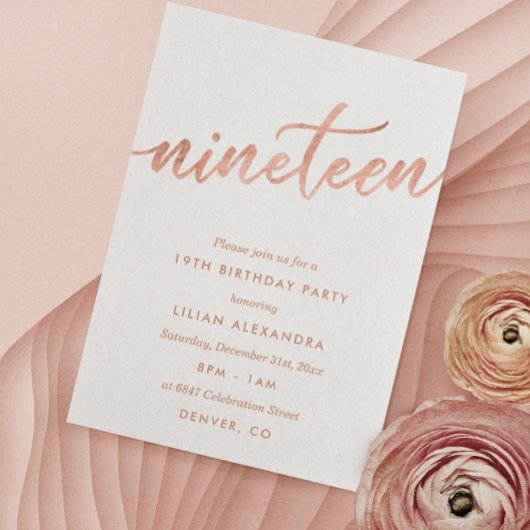 Rose Gold 19e Anniversaire Invitation Faux Foil