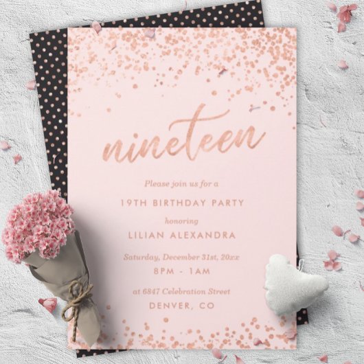 Rose Gold 19th Birthday Invitation | Faux Foil