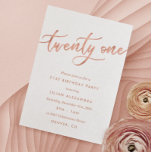Rose Gold 21e Anniversaire Invitations Girl Faux F<br><div class="desc">Rose Gold 21st Birthday Invitations : Joli or rose 21st anniversaire conception d'invitation avec brillant rose feuille d'or look "vingt un" écrit en écriture manuscrite typographie. Le lettrage contemporain remplit les détails de la fête. [Notez que même si les éléments de cette conception seront imprimés pour ressembler à du papier...</div>