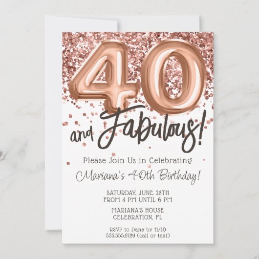 Rose Gold 40th Birthday Party Invitation (Devant)