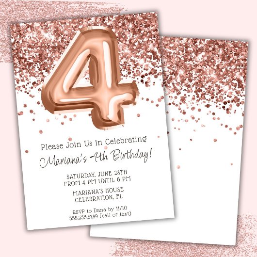 Rose Gold 4th Birthday Party Invitation