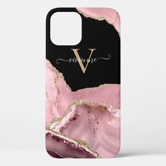 Rose Gold Agate Glitter Monogram Case-Mate iPhone Case (Achterkant)