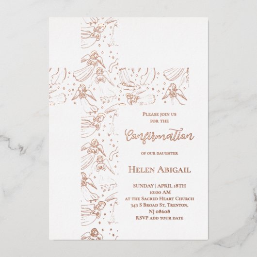 rose gold angels pattern cross Confirmation Folie Uitnodiging (Voorkant)