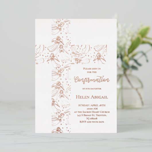 rose gold angels pattern cross Confirmation Folie Uitnodiging (Staand Voorkant)