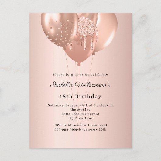 Rose gold balloons birthday uitnodiging briefkaart (Voorkant)