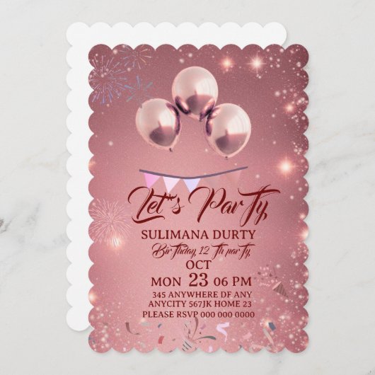 Rose Gold Birthday Invitation Template: Let's Part (Devant / Derrière)