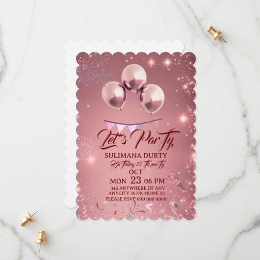 Rose Gold Birthday Invitation Template: Let's Part (Devant/Arrière en situation)