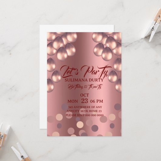 Rose Gold Birthday Invitation Template: Let's Part (Devant/Arrière en situation)