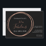 Rose Gold Black 50th Birthday Party Invitation<br><div class="desc">C'est une invitation à la fête du 50e anniversaire moderne, chic et élégante. Ce design élégant est en or et noir rose chic. Il a le texte, "Samantha's 50 and Fabulous" et la date de célébration à la fois sur le devant et le dos. Ce motif simple, moderne et typographique...</div>